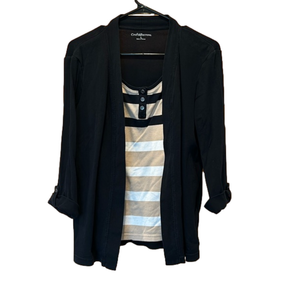 Croft & Barrow Tan Striped Henley with Connected Black 3/4 Sleeve Cardigan Large
